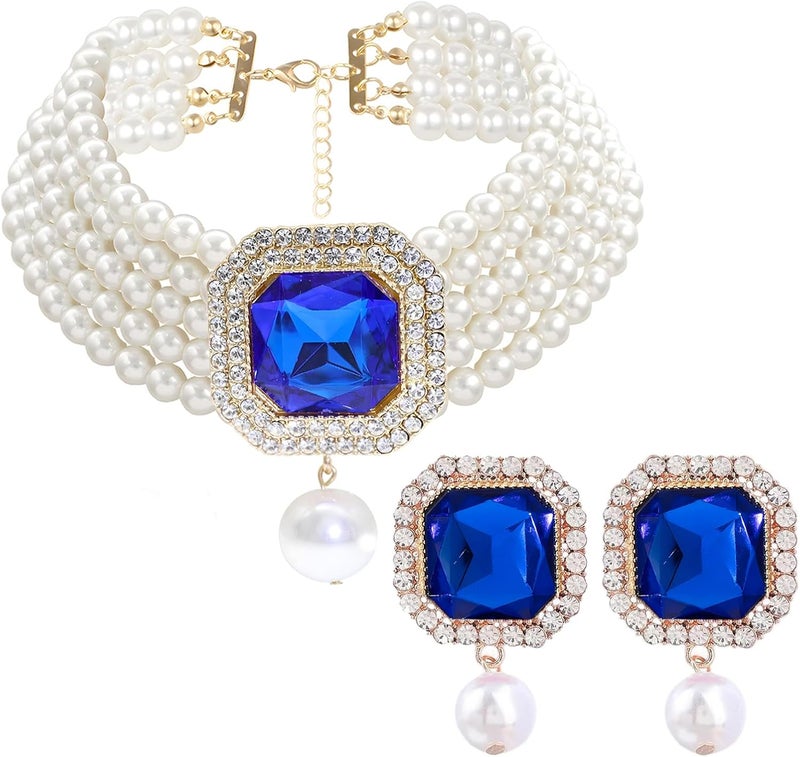CIOOU Pearl Choker Necklace for Women Gold Crystal Rhinestone Pearl Collar Statement Necklaces Earrings Bridal Pearls Diamond jewelry Set for Wedding - Image 1